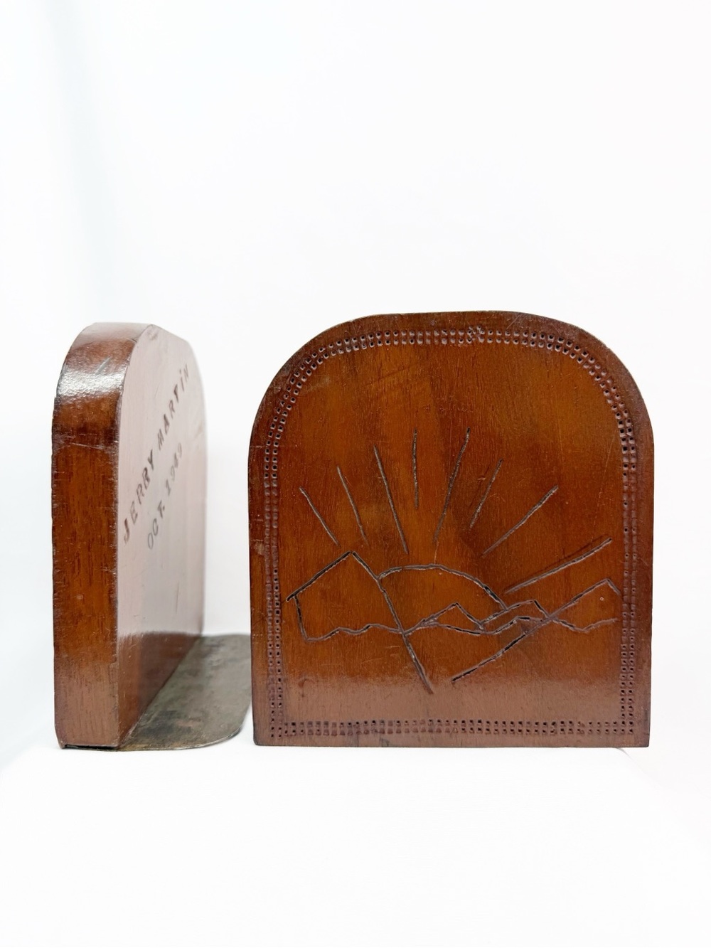 Vintage 40s Hand Carved Mountain Sunset Wood Bookends